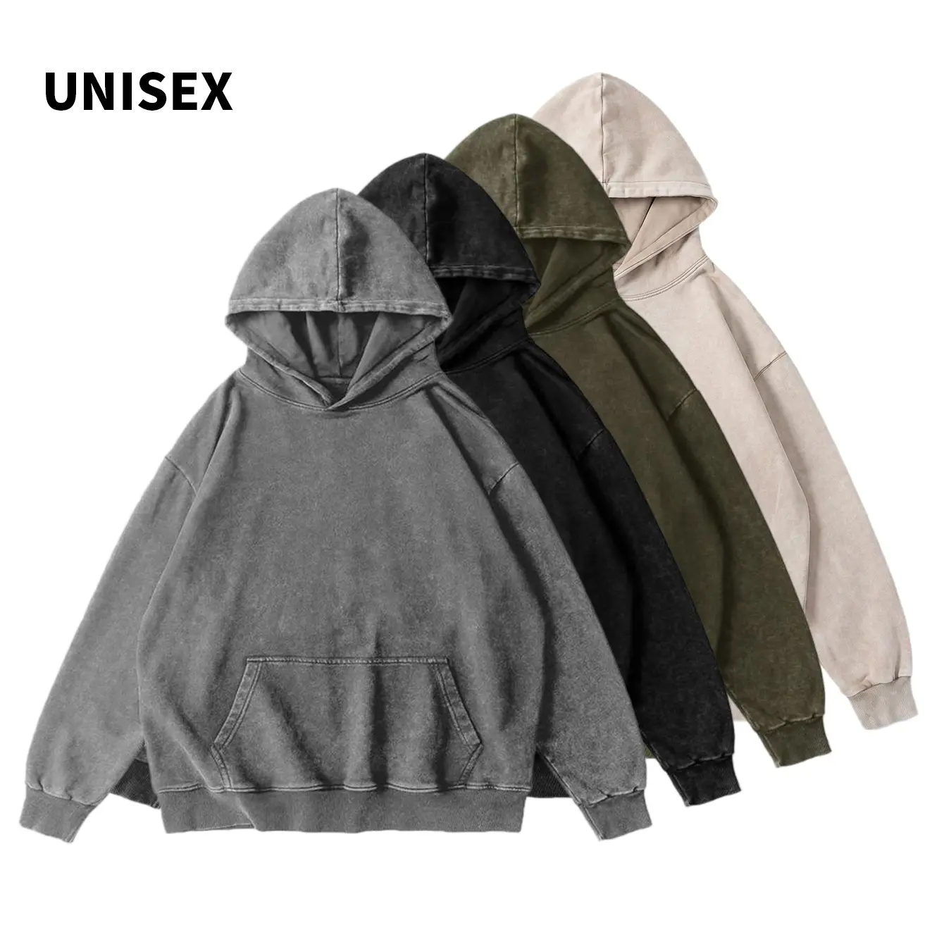 Menswear Unisex Vintage American Hoodie Sweatshirt - Heavyweight Thick Loose-Fit Long Sleeve Plain Pullover, Washed Distressed Finish, Kangaroo Pocket, High-Street Style, Suitable for City Walks, Skateboarding Tops Casual