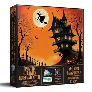 SunsOut Haunted Halloween House and Witch 500 piece Jigsaw Puzzle for Adults 18" x 24" Holidays, Nature, Vehicles and Transportation