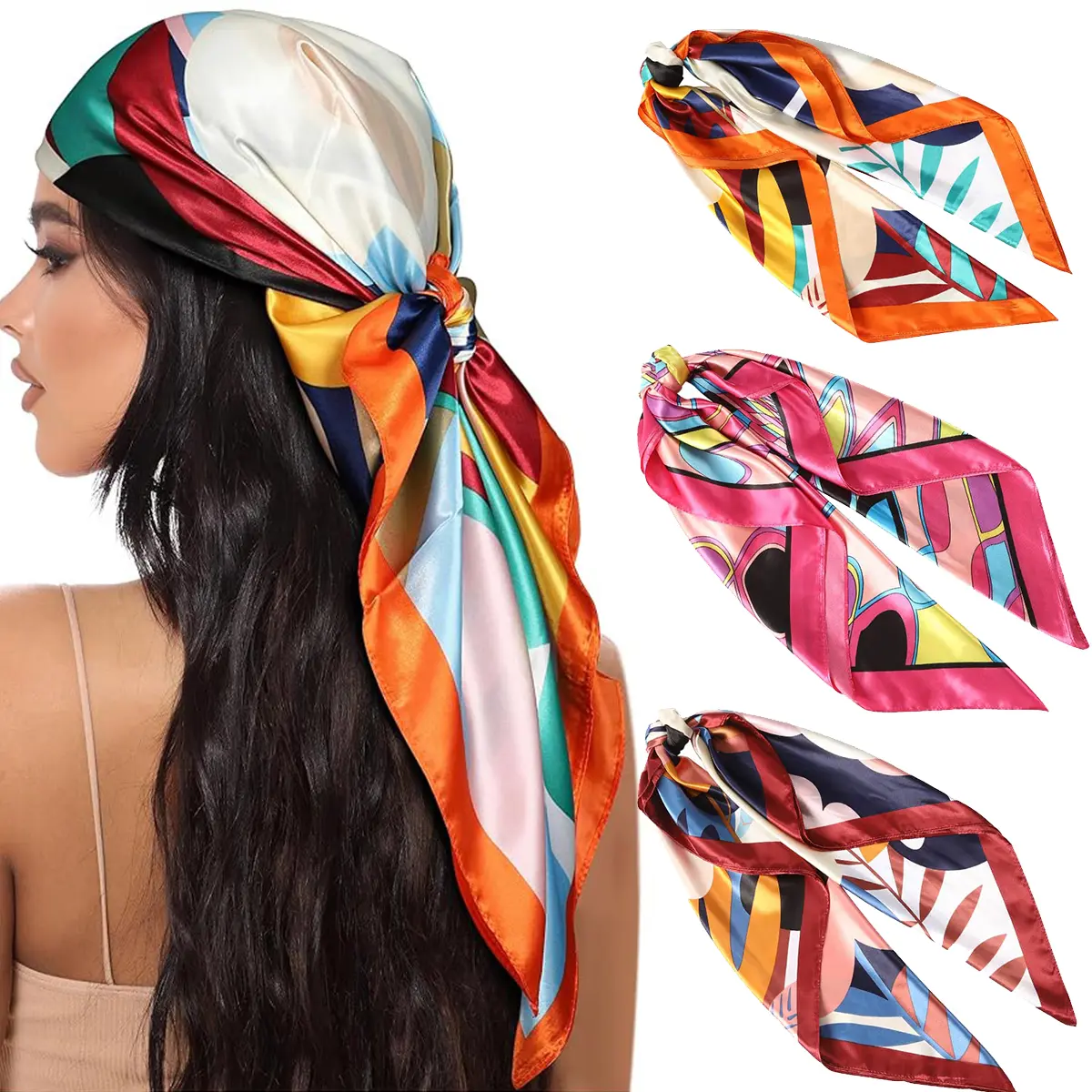 AWAYTR Women's Scarves, 3 Pcs 35 in Large Square Silk-Feeling Satin Scarf, Lightweight & Casual Soft Shawl, Stylish Accessories for Women, Fashion Hair Scarves, Scarf Head Wrap