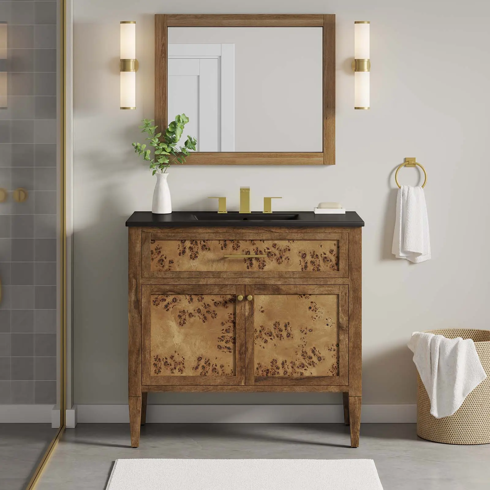 Modway Elysian 36" Burl Wood Bathroom Vanity Set - Black Brown Finish, Organic Look, Shelf, Countertop, Legs, Storage, Cayman 36" Bathroom Sink, 8" Centerset Holes, Assembly Required, 36 Inches
