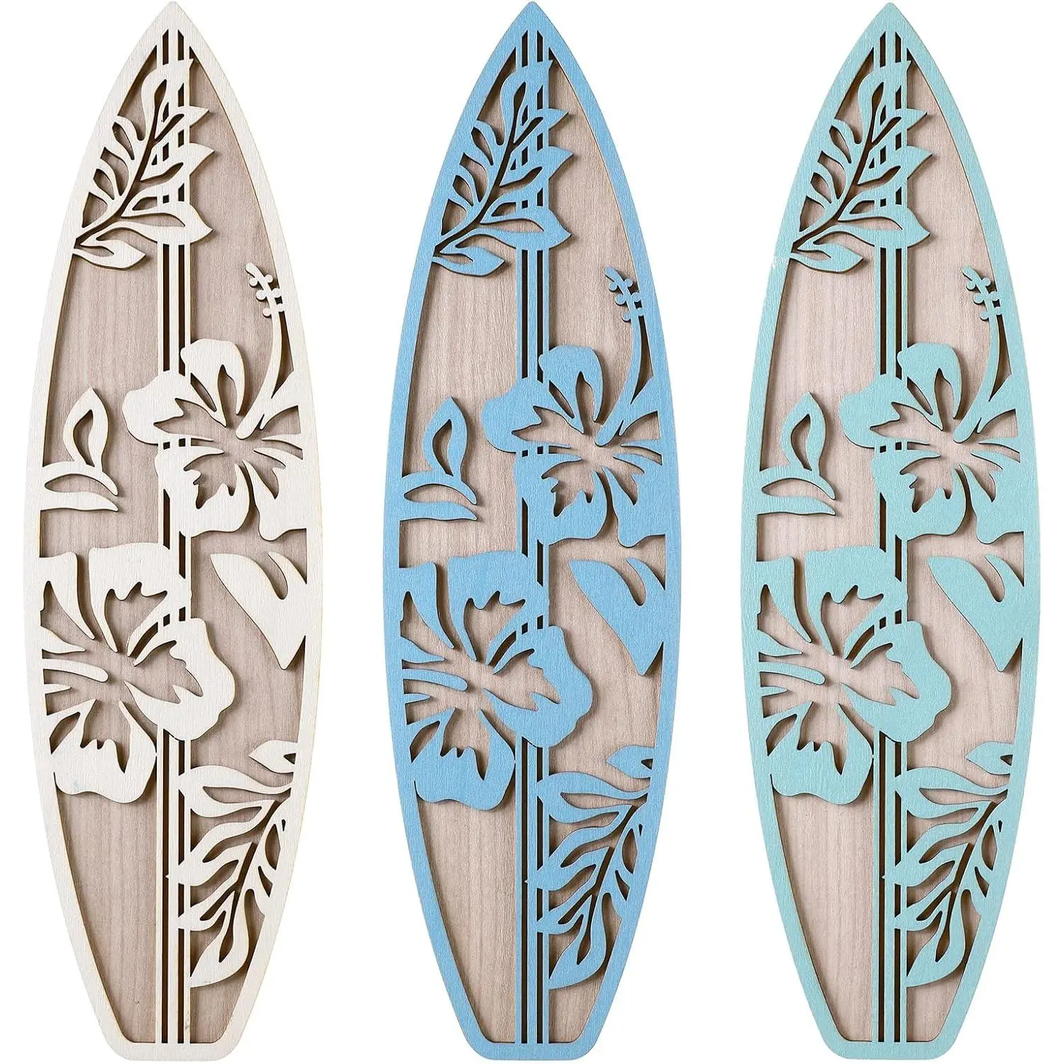 X-OMT26 Sturdy 3-Piece Hawaiian Hibiscus Wooden Surfboard Home Decorative Ornament, Nail-Mounted Ocean Beach Themed Hanging Unique Decor, Interior Decoration Accessories for Bedroom, Tropical Living Room Room Art
