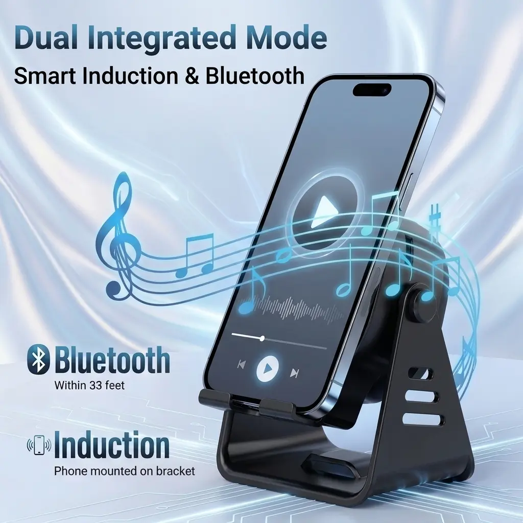 CEESOOI Wireless Induction Audio Speaker Stand, Wireless Bluetooth Speaker, 7-IN-1 Cellphone Holder, Rechargeable Emergency Power Bank, 360° Adjustable Mobile Tablet Stand with Colorful Ambient Light Gifts for Men Women FathersDayGift SummerWins