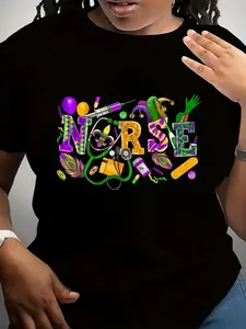 Women's Nurse-Themed Mardi Gras T-Shirt - Slim-Fit Stretchy Short Sleeve Top with NURSE Lettering, Stethoscope & Syringe Print - Healthcare Worker Gift for Nurses Day, Carnival Parties (Black) |   Apparel for Nursing Events