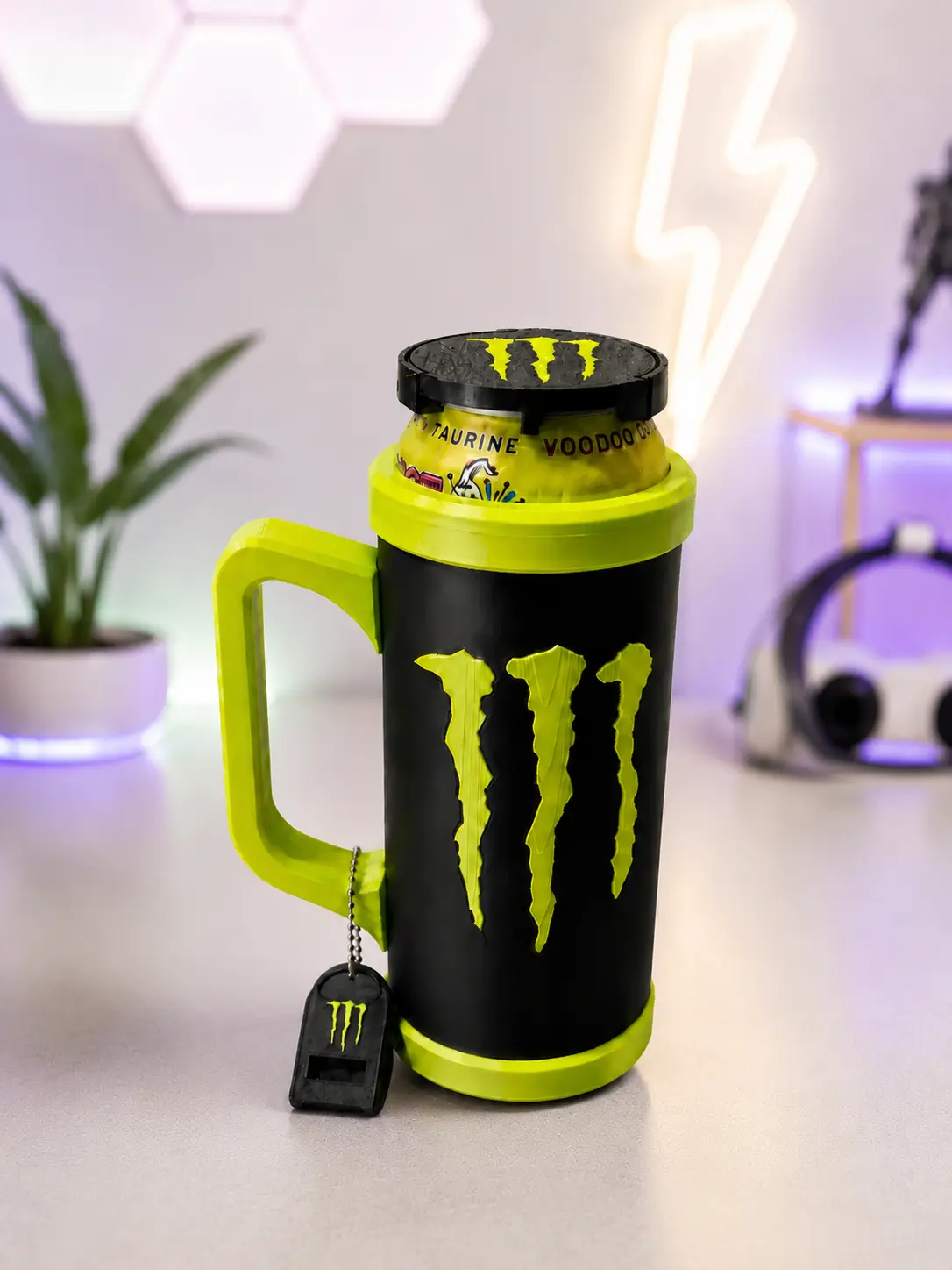 Custom Gaming Cup Holder with Printed Design, Snack Storage, Lid, Keychain Opener for 16oz (473ml) Energy Drink Cans - Convenience-Focused Drinkware Accessory