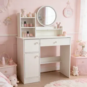 Makeup Vanity Table with Round LED Mirror | Convertible Study Desk with Removable Shelf | Crystal Style Knobs & Storage Shelves | 2-in-1 Vanity Desk for Small Spaces