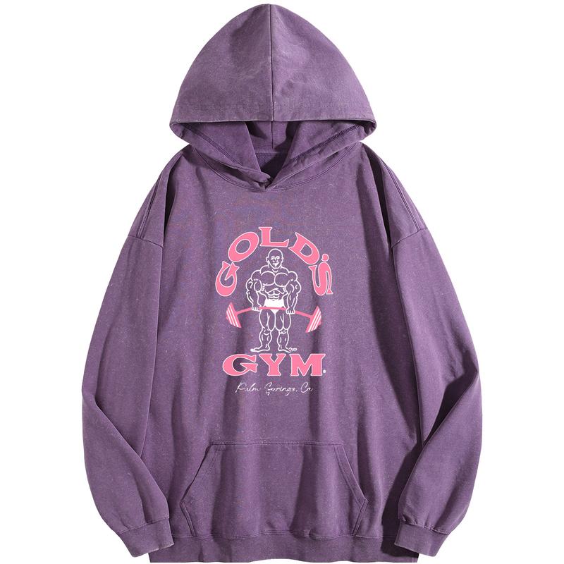 Holafish Women's Gold's Gym Print Acid Wash Hoodie Vintage 2026 Oversized Loose Fit Winter Warm Streetwear Casual Tunic Graphic Long Sleeve Sweatshirt
