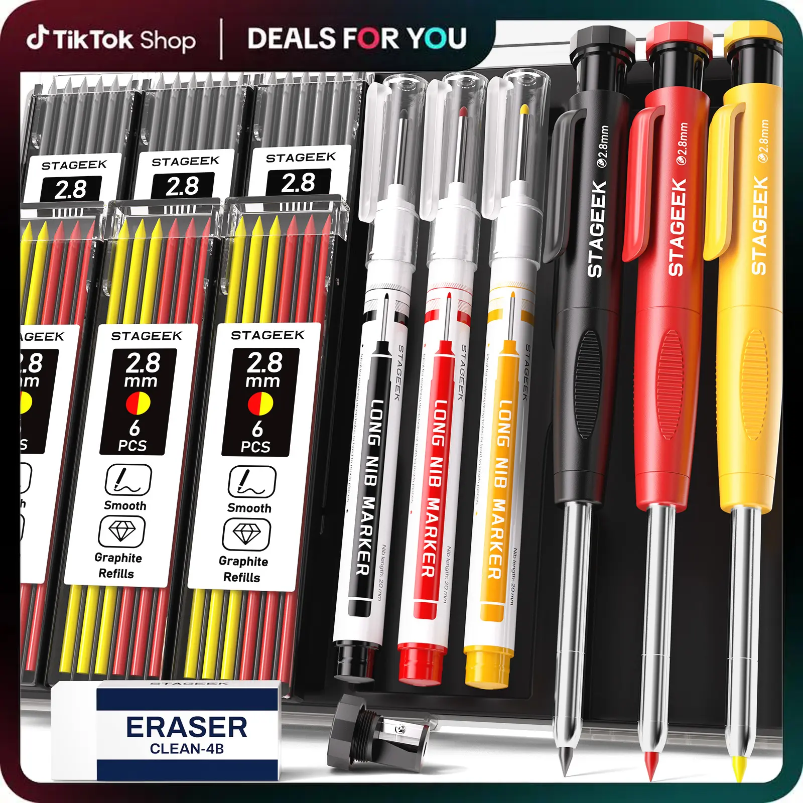 STAGEEK 3 Pack Carpenter Pencil with Sharpener, Mechanical Carpenter Pencils with 39 Refills, Heavy Duty Construction Pencil with Sharpener, Deep Hole Long Nib Marker Pens for Architect Marking - With Case,back to school,back to school shopping