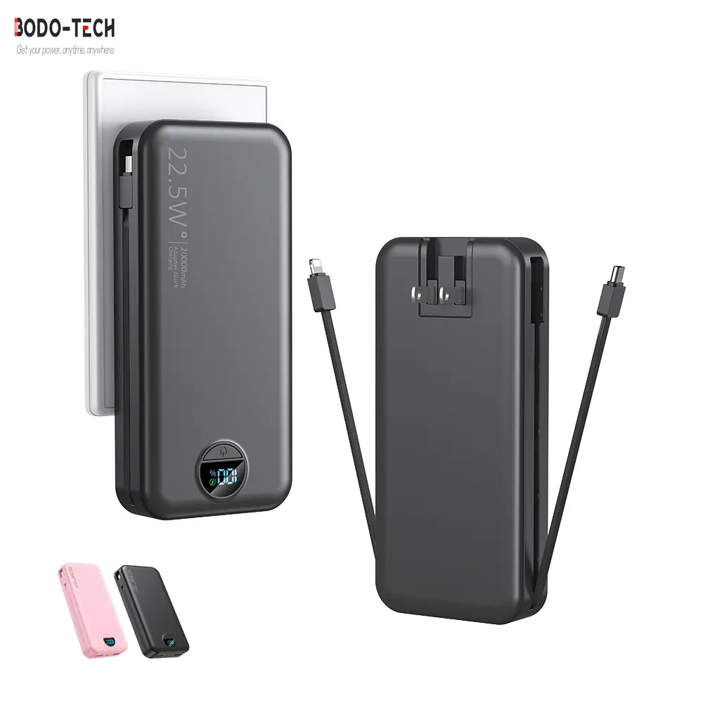 BodoTech 20,000mAh Power Bank with 22.5W AC Wall Plug - Dual USB-A, LED Display, Built-in Cables for iPhone, Samsung, Camping & Hiking Portable Battery Pack