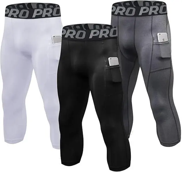 LANBAOSI Men's 3-Pack High-Waist 3/4 Length Compression Pants, Polyester Blend Fitted Design Activewear, 10% Elastance Body Fit Men's Clothing, Quick-Drying Stretch All Seasons Sports Base Layer for Gym, Running Training, Leggings