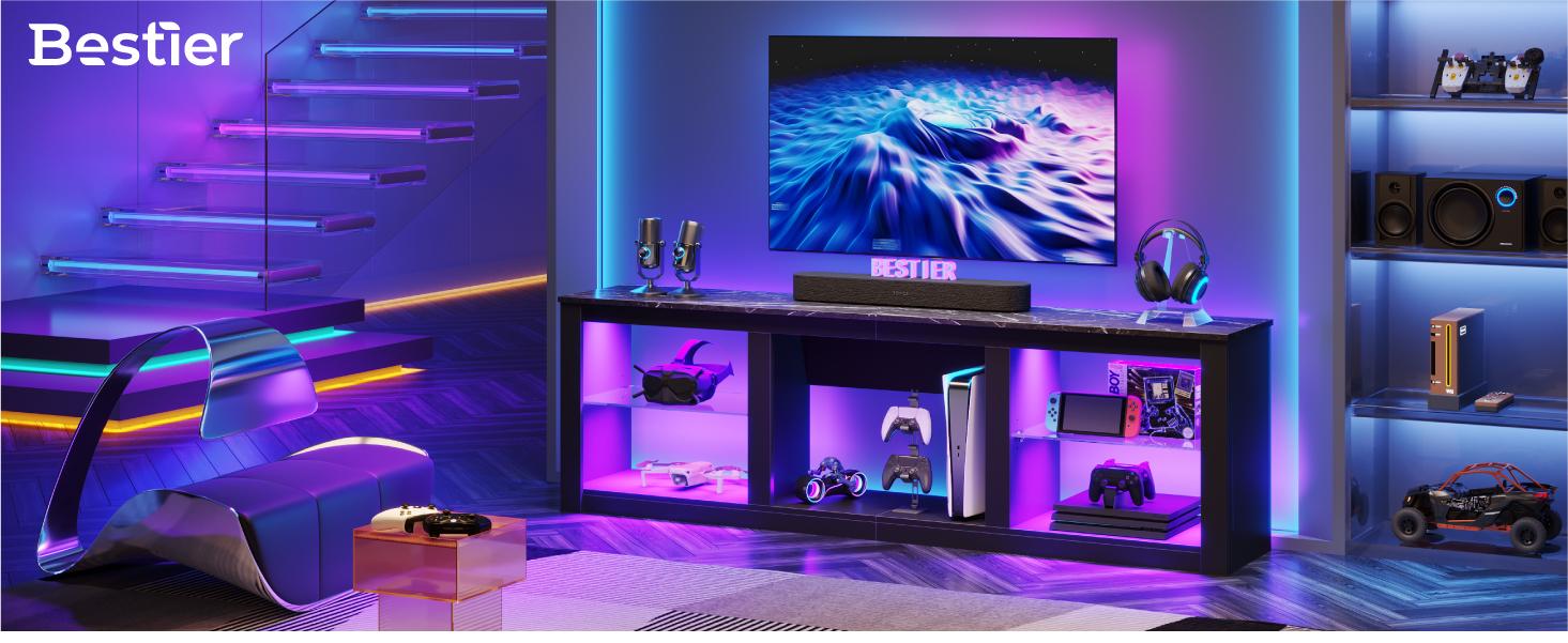 Bestier 70 Inch TV Stand for TV up to 80", LED Entertainment Center with Glass Shelves for Living Room