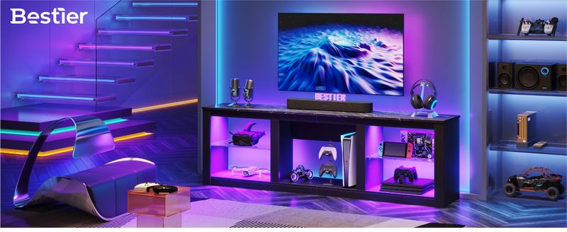 Bestier 70 Inch TV Stand for TV up to 80", LED Entertainment Center with Glass Shelves for Living Room