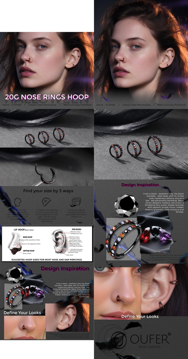 Oufer Halloween 20G AAA+ Grade CZ Hinged Double Row Nose Nostril Piercing Hoop Ring 316L Stainless Steel 5mm-12mm Inner Diameter for Conch Helix Lobe Tragus Cartilage Jewelry