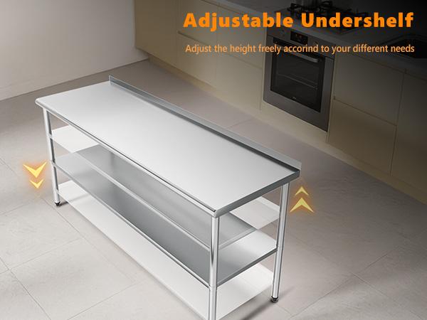 ROVSUN 30/36/48/60/72'' x 24'' Stainless Steel Table for Prep & Work,Commercial Worktables & Workstations, NSF Heavy Duty Metal Table with Adjustable UnderShelf & Backsplash for Kitchen, Restaurant,Home,Hotel