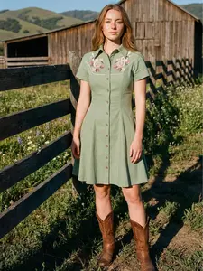 [Embroidery]Boozelele Embroidery Flower And Snake Women's Western Cowboy Green Dress Short Sleeve Buttondown 100% Cotton Plus size Fashion Spring Outfits