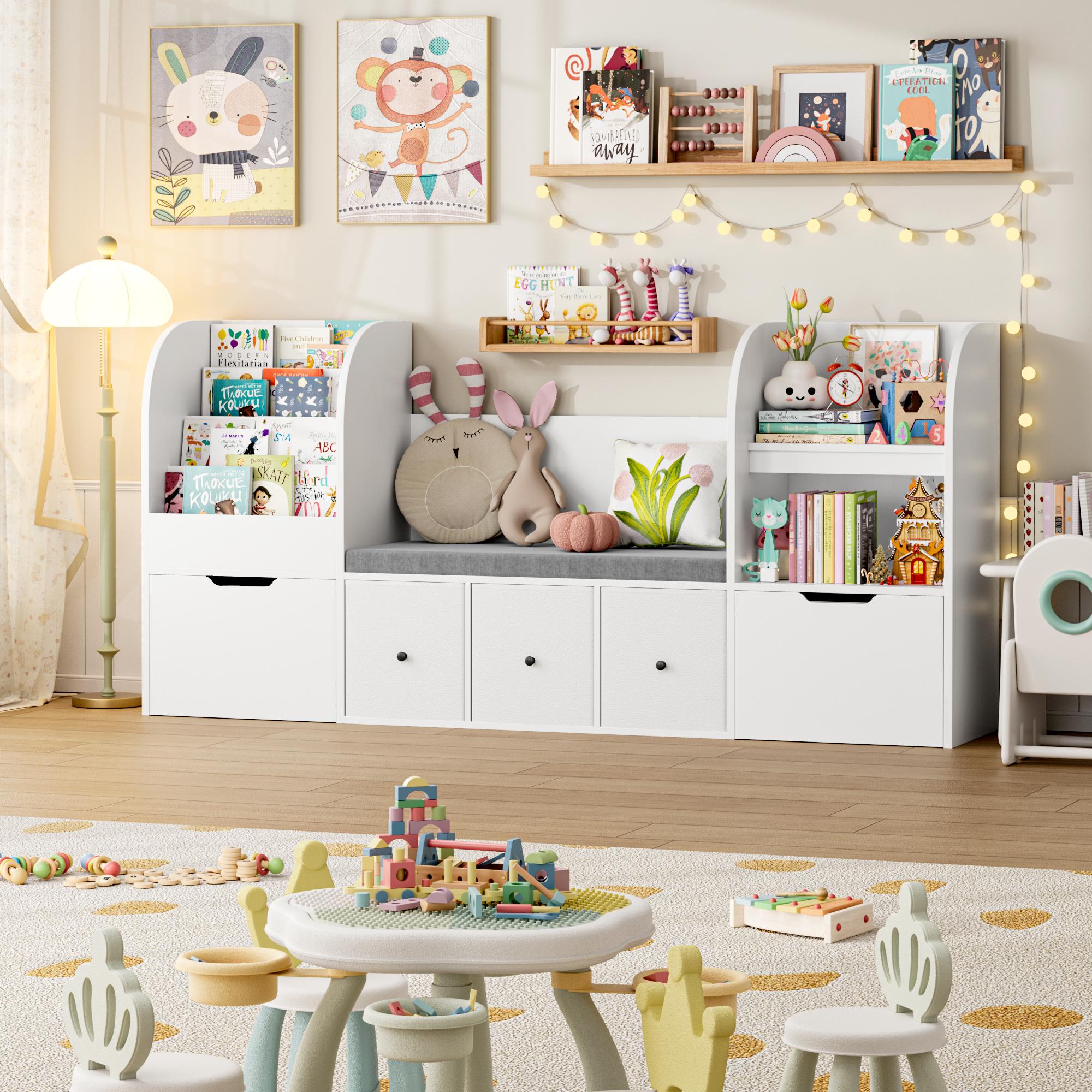 FOTOSOK 71” Kids Bookshelf with Reading Nook, Toy Storage Organizer with Seat Cushion and 2 Movable Drawers & 3 Toy Chests, Kids Reading Nook Toy Organizers and Storage with Bench for Playroom