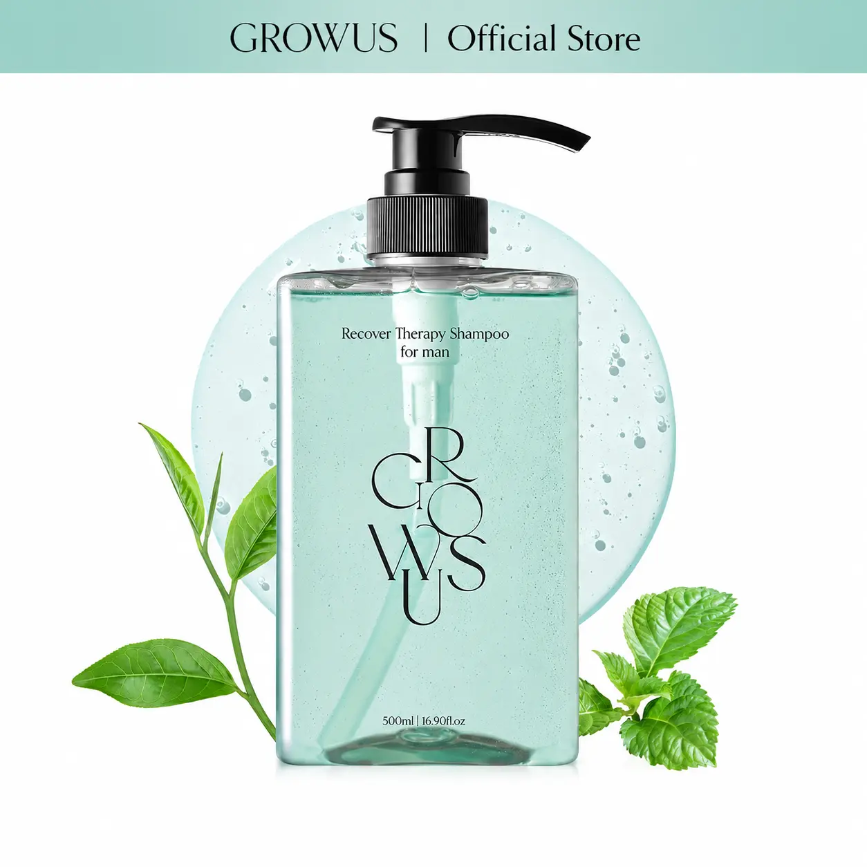 GROWUS Recover Therapy Men's Hair Growth Shampoo - Tea Tree & Peppermint, Anti-Dandruff, Sebum Control, Dry Scalp Care, Clarifying Cleanser for Thick, Wavy, Textured, Curly Locks, Woody, Green Tea, Paraben & Sulfate Free, 16.9 Fl Oz