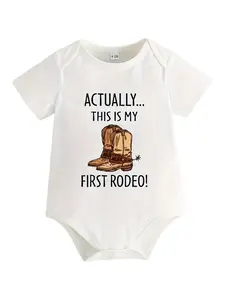 "Actually... This Is My First Rodeo!" Baby Bodysuit Cowboy Boots Graphic Short Sleeve Cotton Romper for Newborns