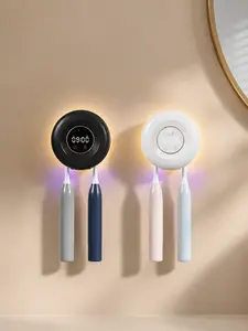 UVC Toothbrush Sanitizer and Dryer - Wall-Mounted Smart Holder with Night Light, Digital Clock, Hot Air Drying, No-Drill Installation, Bathroom Organizer for Couples (Sterilizing, Bacteria-Killing), Sterilizing Toothbrush Holders, Bacteria-Killing Toothbr