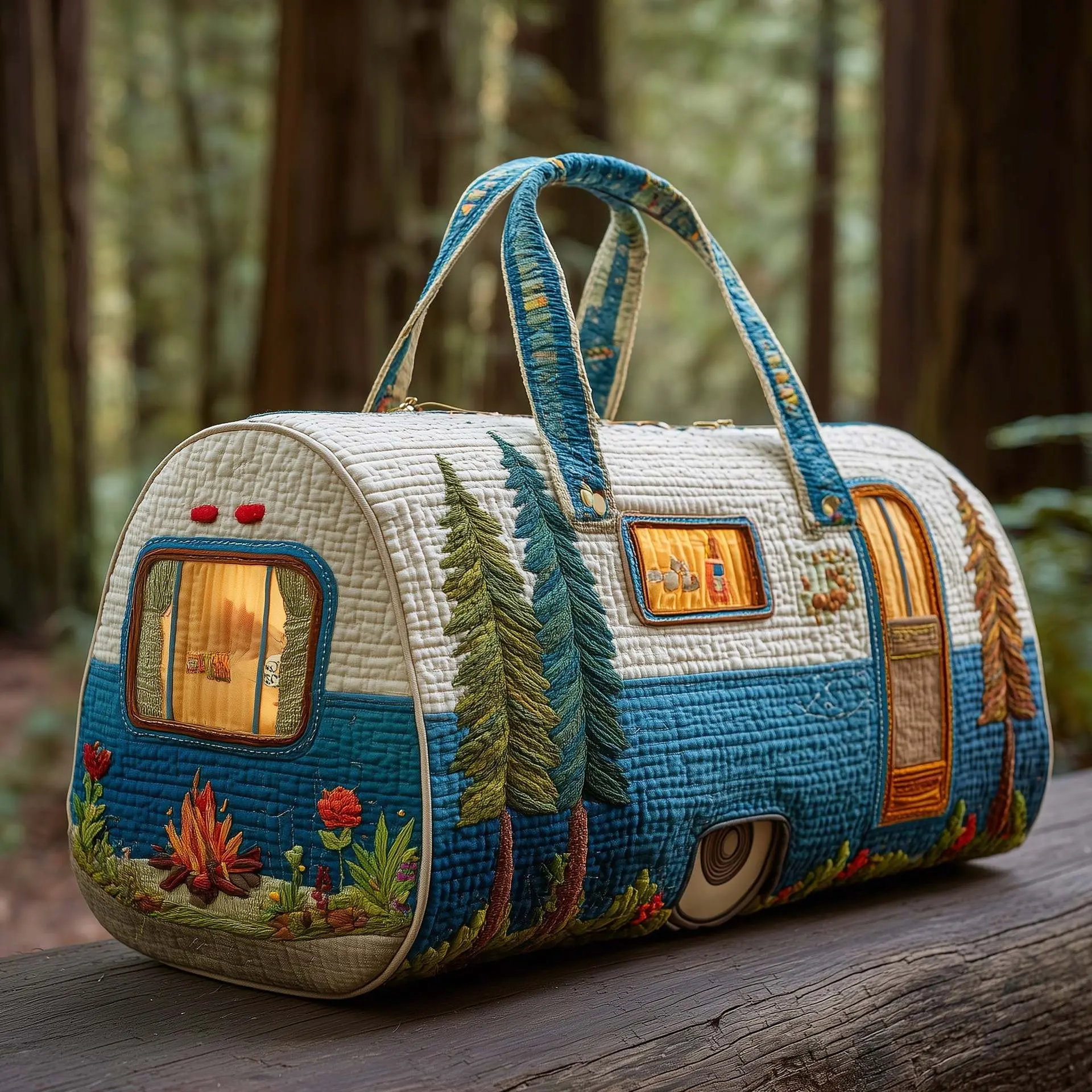 Vintage Camper Quilted Duffle Bag | 18" Spacious Travel Tote Embroidered Forest Camper Travel Bag - Perfect For Camping & Getaways 18x9x9 Inch Camper Tote Bag | Overnight & Weekender Duffle Quilted Camper Trailer Travel Bag - Cute & Functional For Trips