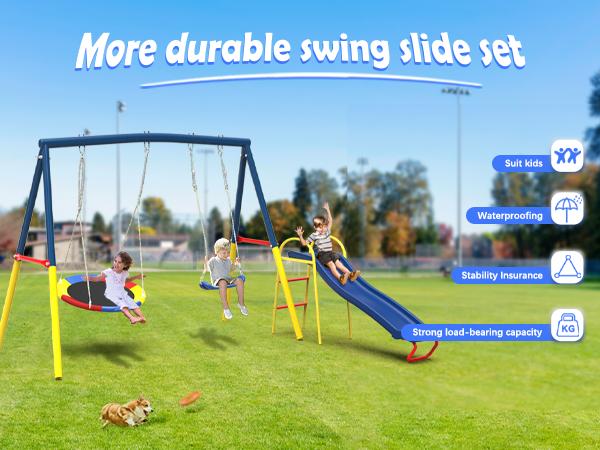 MERSCO 3 In 1 Metal Kids Swing Set With Slide,Saucer Swing ,SWING Seat,Heavy Duty Outdoor A-Frame Metal Swqing Stand For Playground,Holiday bundle packs MERSCO 3 In 1 Metal Kids Swing Set With Slide,Saucer Swing ,SWING Seat,Heavy Duty Outdoor A-Frame Metal Swqing Stand For Playground,Holiday bundle packs