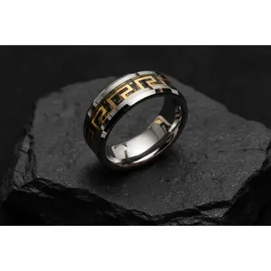 Gold Silver Band Tungsten Men's Ring with Greek-Inspired Patterns 8mm High-Polish Finish European Sophistication Durable Tungsten Jewelry
