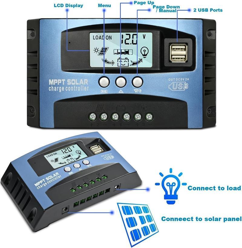 Solar Charge Controller (1 Count), PWM Auto Parameter Adjustable LCD Display Solar Panel Battery Regulator with Dual USB Port for Smart Home Use, Solar Powered Charger, Usb Solar Charging