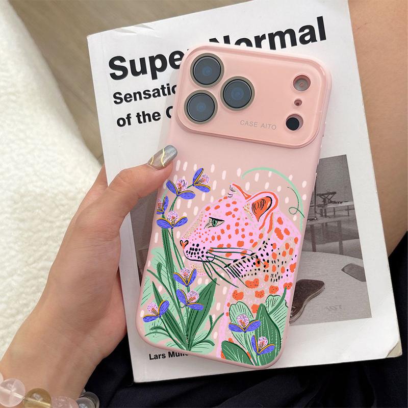 Pink Leopard Art Case for iPhone 17 Pro Max 17Air 17 16E 16 15 14 13 12, Ultra Skin-Friendly TPU, All-Inclusive Glass Lens Protection, Aesthetic Leopard Print Gift, Dopamine Ins Style Solid Color Cover, Shockproof Slim Case, Lens Window Design