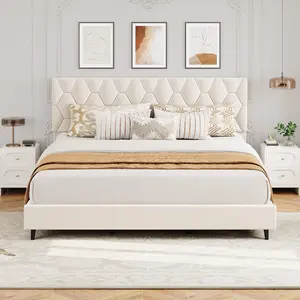 Beige King Upholstered Bed Frame, Heavy-Duty Platform Bed Frame with Upholstered Headboard & Strong Wood Slats, No Box Spring Needed/Easy Assembly