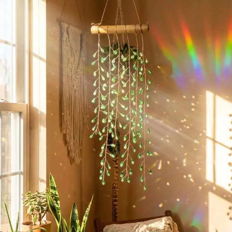 Realistic Artificial Weeping Willow Tree Suncatcher Window Ornaments - wicker Handmade Boho Decoration with Thick Trunk, Green Crystal, Hanging Home Decor Ornaments, Home & Garden Rainbow Light Catcher,plant hanger Gift Idea,Room Decor,olive tree memorial