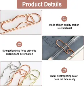 15-Pack Metal Pen Clips in Gold/Silver/Rose Gold, Paperclip Pen Holders - Heart-Shaped,Treasure for Office Workers for Notebooks, Journals,Document,Daily Writing Use
