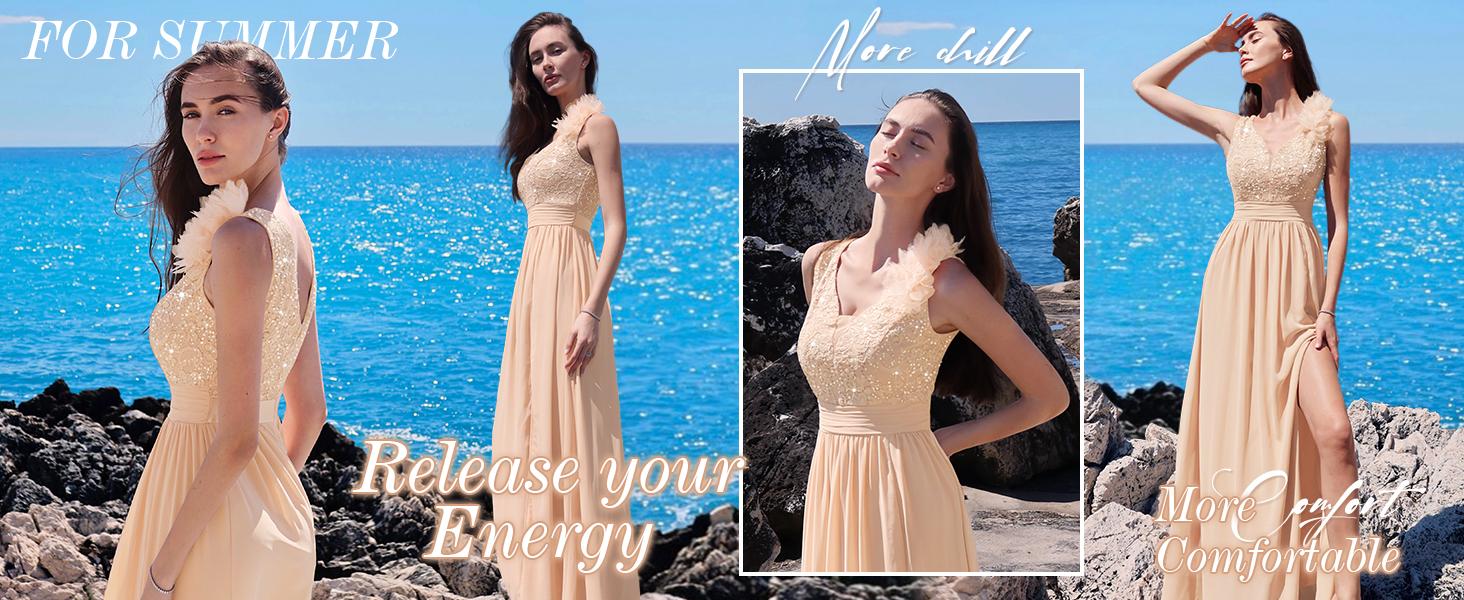 MIUSOL 24451A Women's Elegant Deep V-Neck Sequin Lace Chiffon Maxi Dress Mint Green Sleeveless Ruched Split Thigh Formal Evening Ball Gown for Wedding Guest Prom Graduation Bridesmaid Bridal Cocktail Party Events