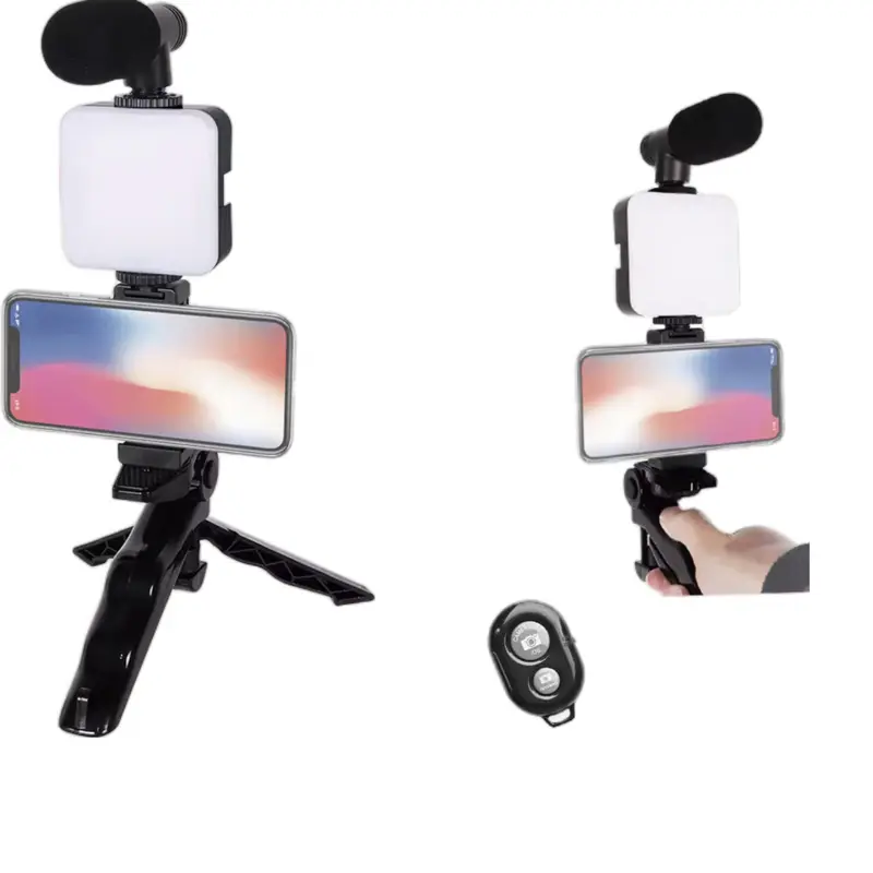 Compact Mobile Vlogging Gear Kit - Foldable Tripod Phone Stand, Selfie Fill Light, Remote Mic, Remote Control, Modern Cellphone Accessories