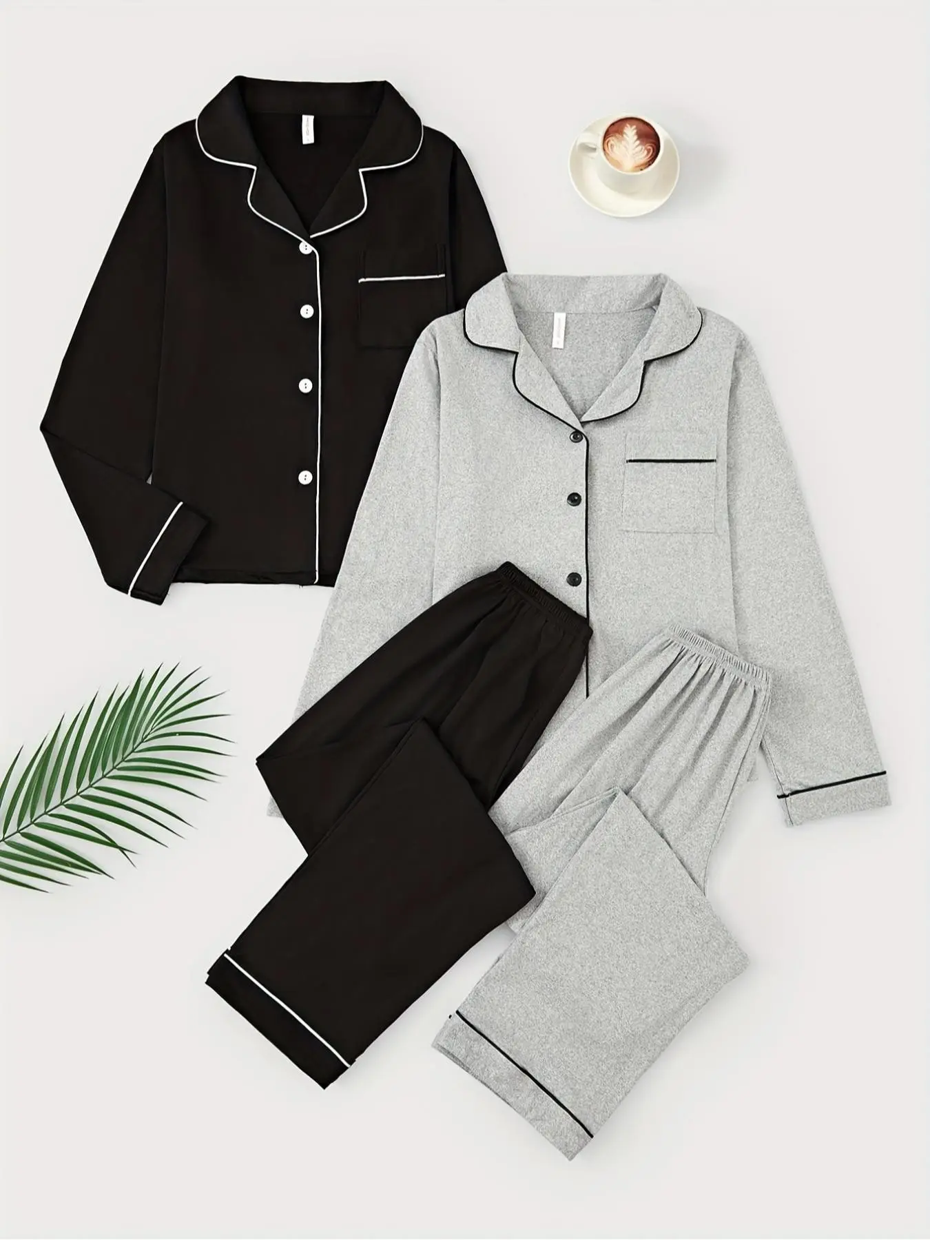 Women's Contract Binding Sleepwear Set, Comfortable Pajama Set, Loungewear, Lapel Collar Button Front Long Sleeve Top & Elastic Waist Pants, Home Wear for All Seasons