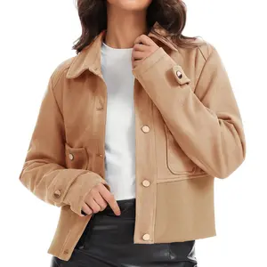 ESCALIER Women's Faux Suede Cropped Bomber Jacket - Lightweight Long Sleeve Button-Down Fall Outerwear Tops with Pockets, Casual Fabric tiktokshopspringglowup,summervibes