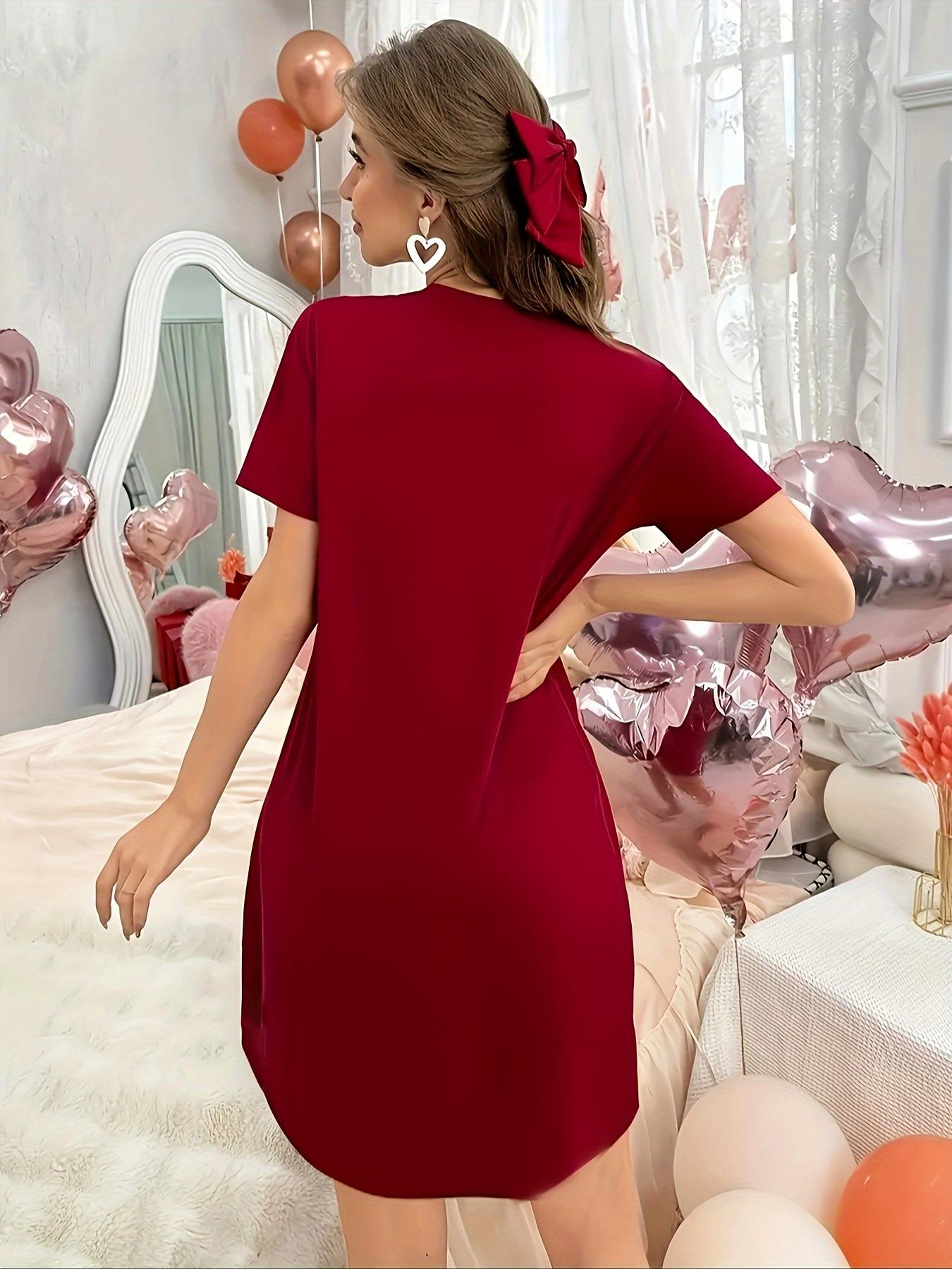 Soft Micro Elastic Summer With Merry Christmas Print Short-Sleeved Crew Neck Night Dress - Machine Washable, Casual, Comfortable Homewear For Women Cute Short gown night gown women Suitable for Halloween, Christmas and Thanksgiving