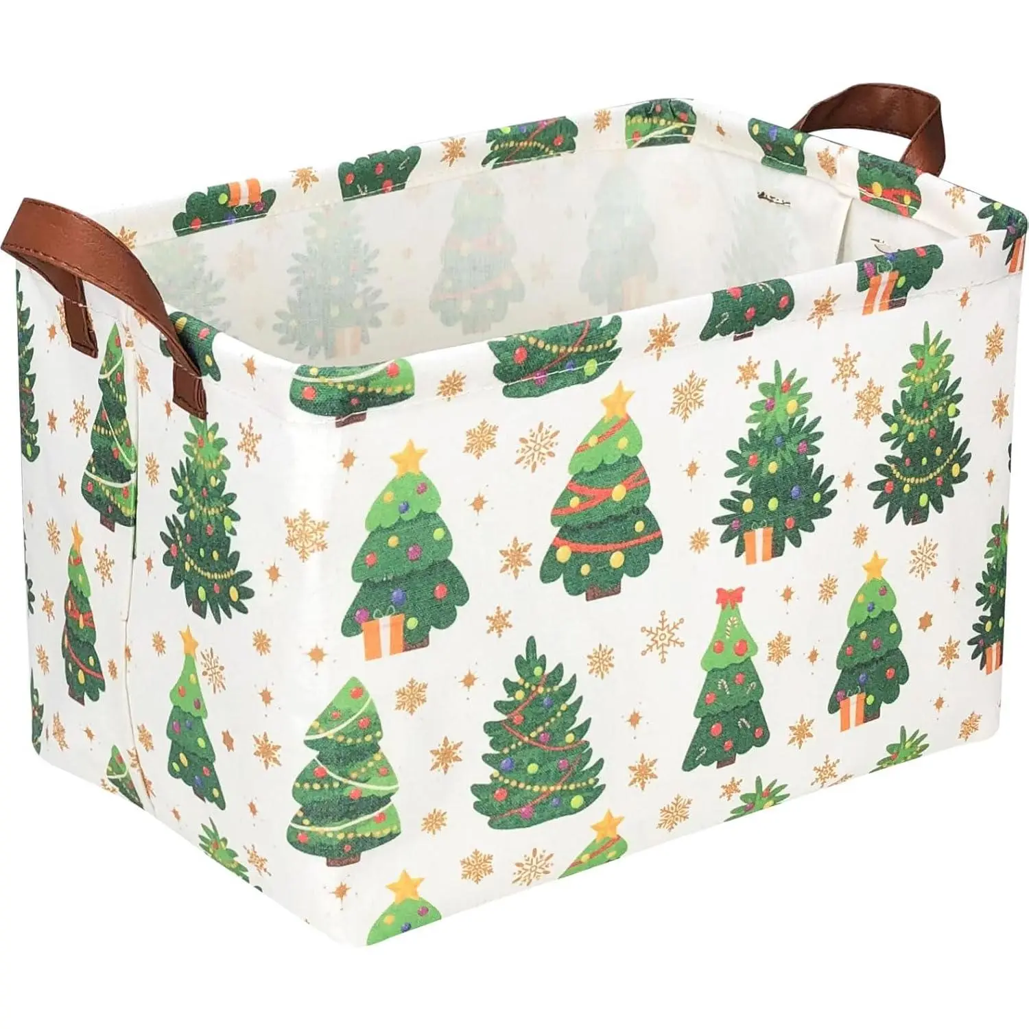Large Capacity Rectangle Christmas Basket with Leather Handles, Durable PE Waterproof Coating, Candy Storage Basket with Christmas Tree Design for Kids' Gift, Pet, Book & Toy Organization