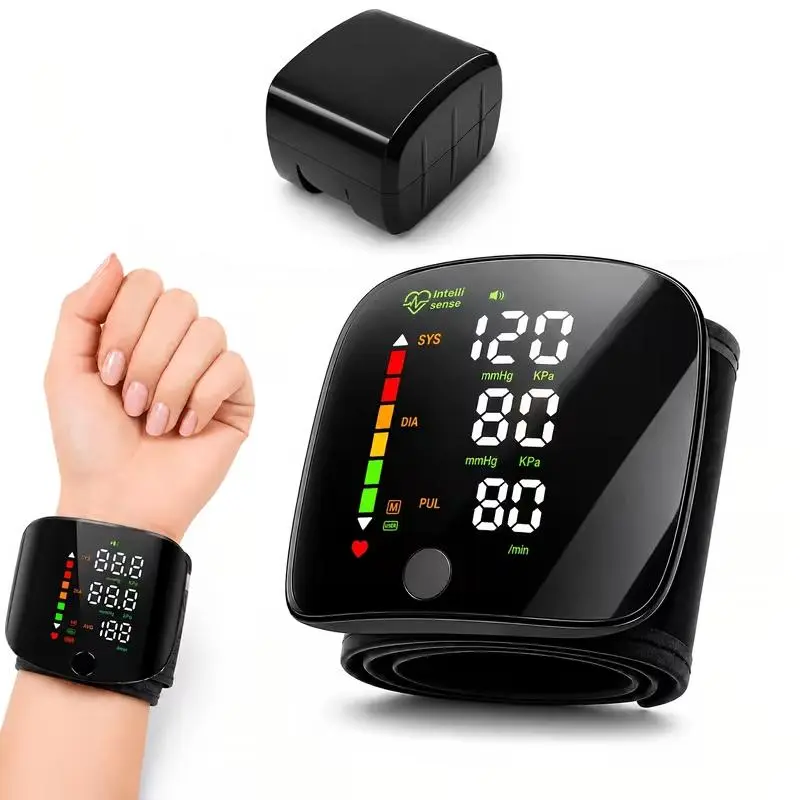 Wrist-style blood pressure monitor with LED display—a health monitor that comes with a cuff. Made of ABS plastic, its compact design makes it easy to fit into your everyday bag, and it includes a portable home healthcare storage case.