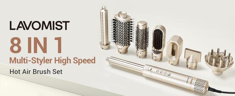 8-in-1 Dual Voltage Hot Air Styler & Hair Dryer Brush with Straightener & Curler Attachments, 110,000 RPM Ionic Fast Drying for Frizz-Free Styling, Includes Travel Bag