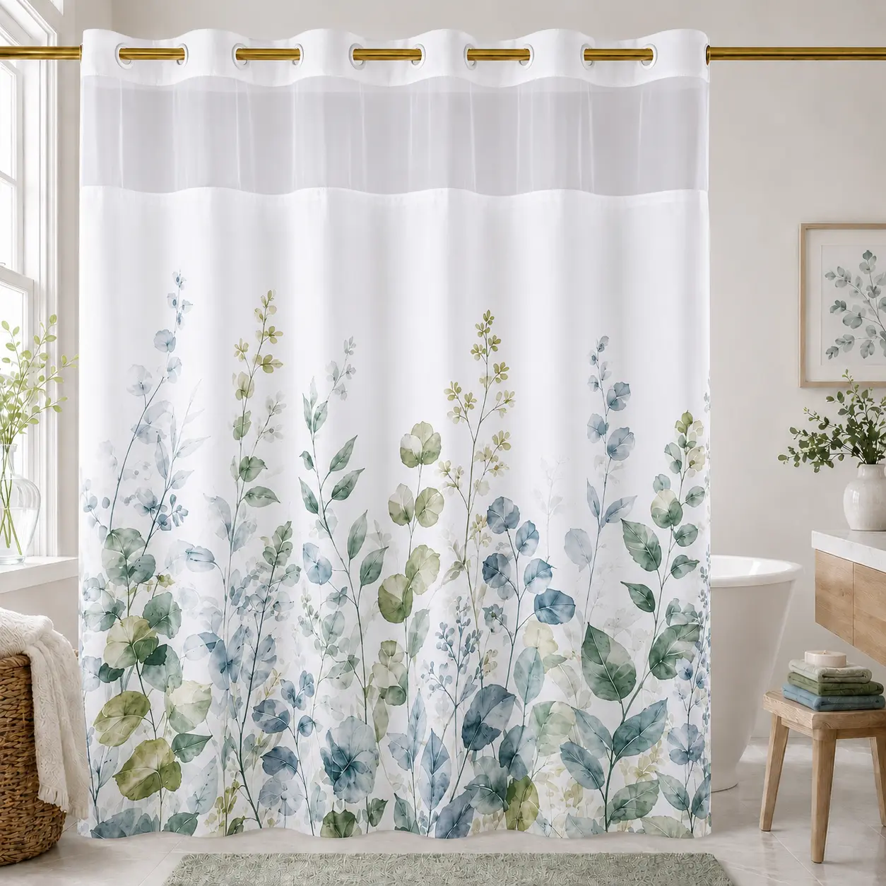Hookless Shower Curtain with Snap-in Liner, Double Layer Floral Botanical Shower Curtain Set, Sheer Top Window, Waterproof & Washable Bathroom Curtain, 72 x 75 Inch