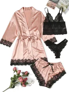 Women's 4-Piece Silk Satin Bridal Honeymoon Sleepwear Set, Floral Lace Cami with Robe