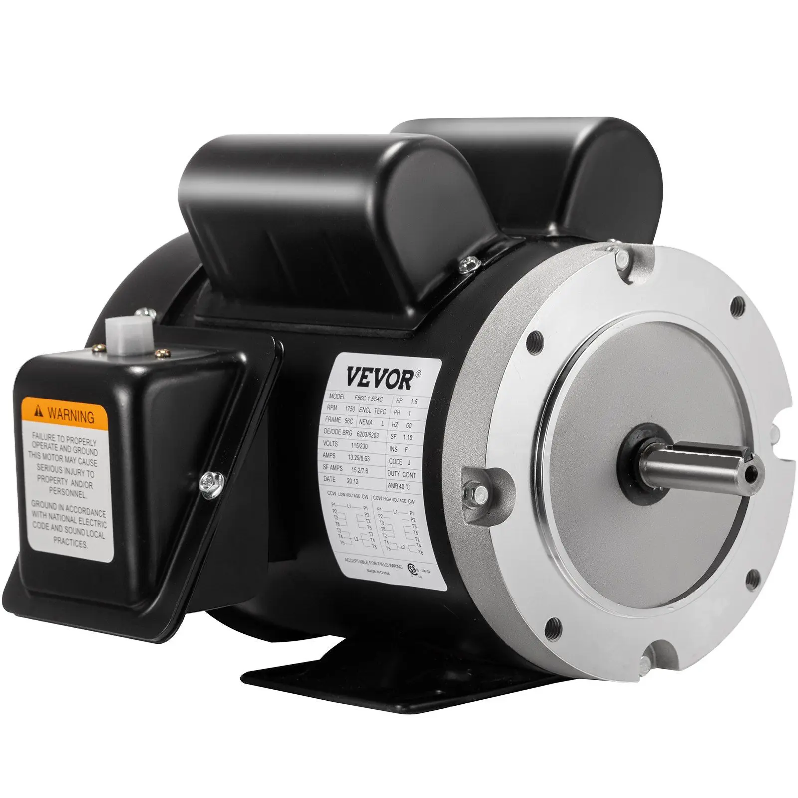 VEVOR New 1.5 Hp Electric Motor 56C Frame Single Phase TEFC 115/230 V 141556C