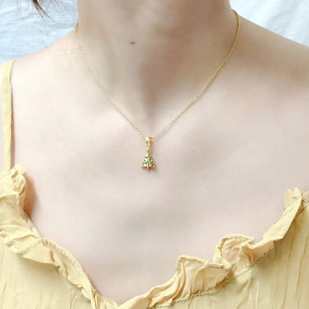 Christmas Tree Pendant Necklace For Women Aesthetic Green Crystal Gold Color Korean Fashion Choker Chains Neck Jewelry Gift N181