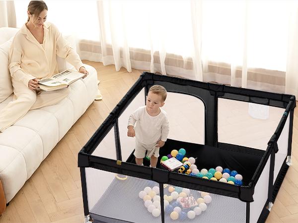 Dearlomum 50"x50"/71"x59" Extra Large Baby Playpen for Babies & Toddlers Safe Activity Center with Soft Play Fence Indoor Safety Yard Easy to Assemble Clean Nonremovable Waterproof Thick Mat  Black/Gray