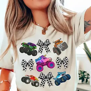 Monster Truck Bows Youth and Adult Shirt, Racing Mama Tee, Monster Truck Mom Shirt, Checkered Bow Truck Shirt, Boy Mom Race Day Outfit, Funny Shirt, Youth clothing, gift for son and daughter, summer outfit, holiday outfit