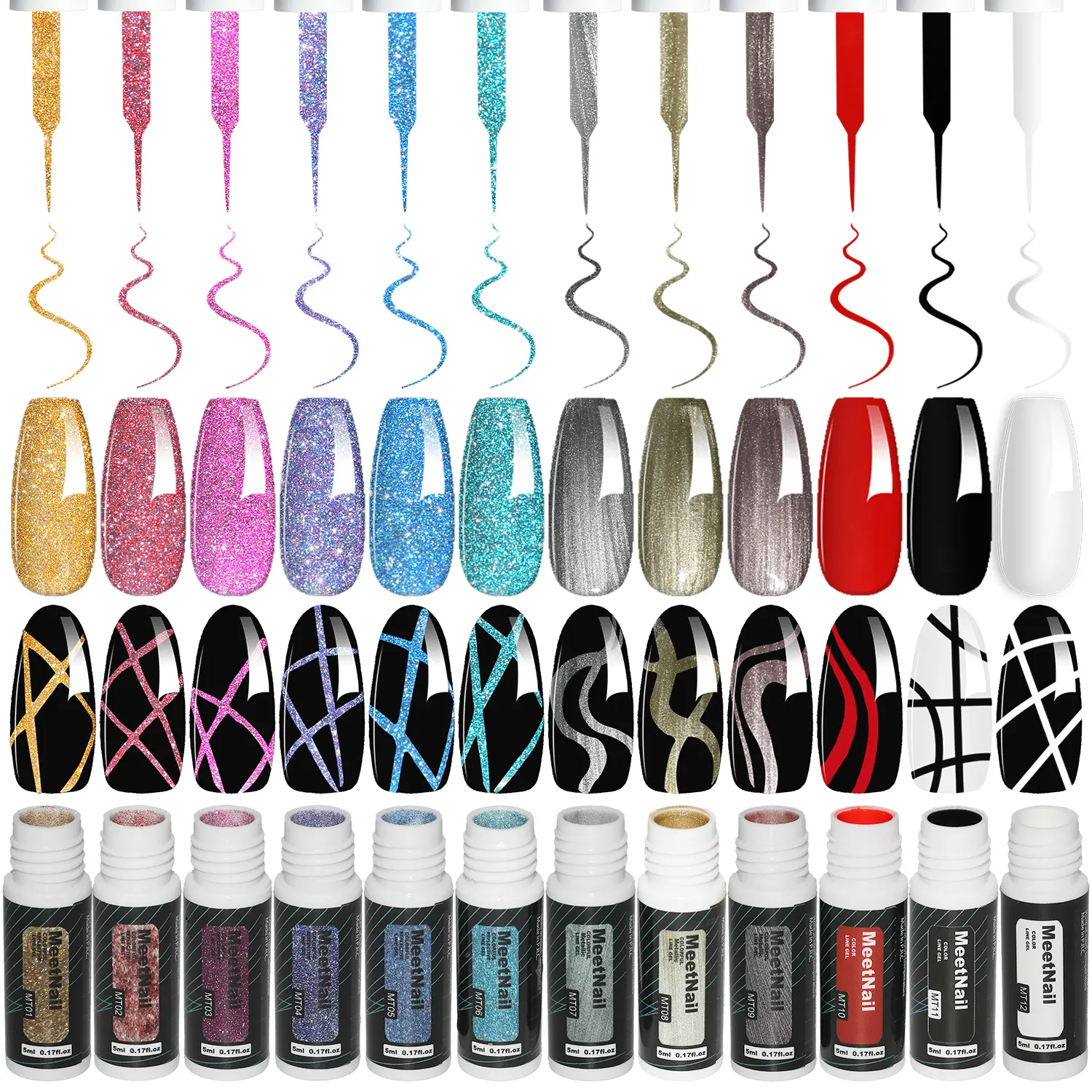 MeetNail 12-Color Reflective Glitter Gel Liner Paint Set, Soak-Off Rainbow UV Polish with Built-In Thin Brush, Cosmetic for DIY Nail Art, Radiance, Scent, Nail Polish, Beauty Products, Gel Nails At Home