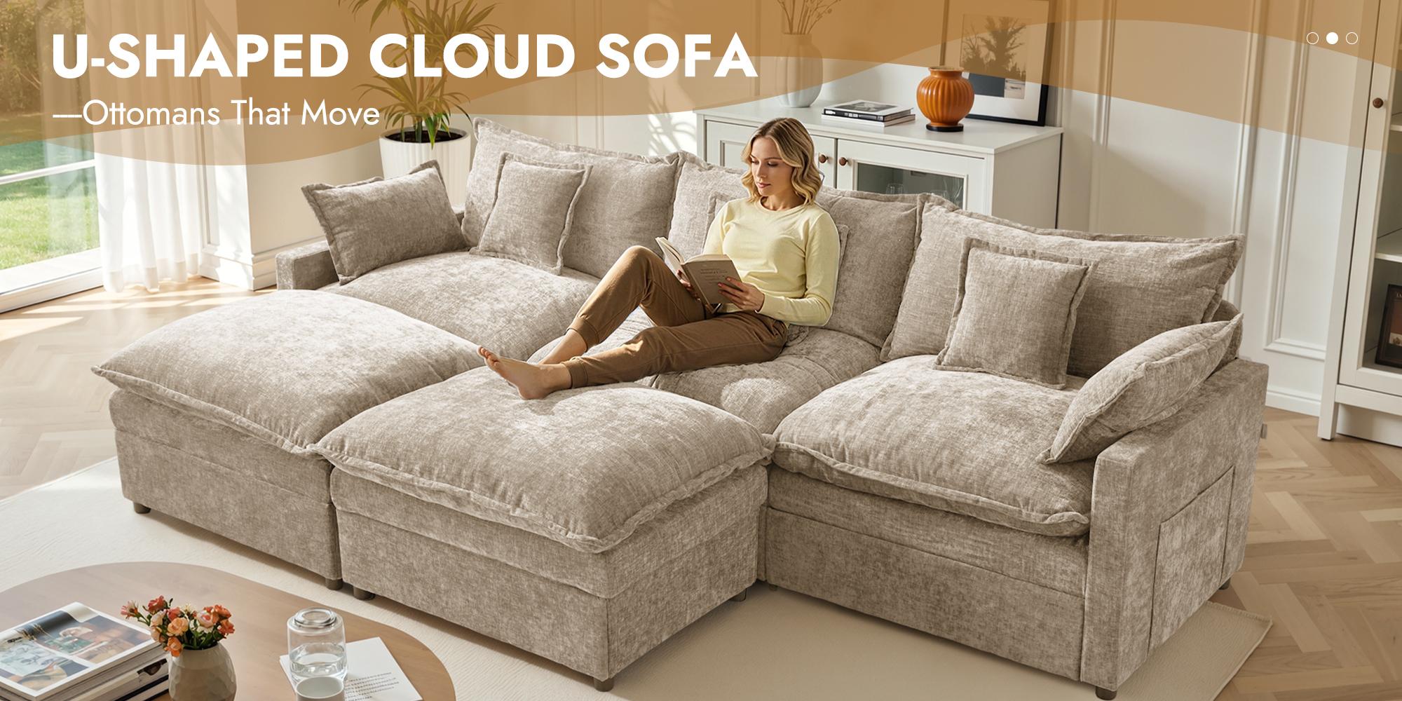 CAODOC 108" U-Shaped Modular Sectional Couch, Modern Camel Chenille Cloud Sofa with 2 Movable Ottomans, Fixed Arms, Deep Seat, Thick Cushions, Solid Wood Frame, Seats 5, Flexible Layout Sofas for Living Room