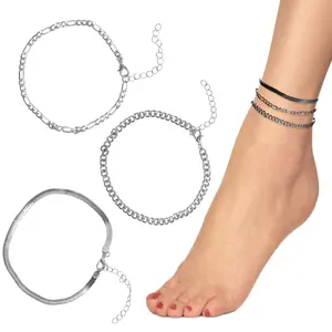 Dainty Plated Ankle Bracelets for Women Waterproof, Silver Anklets Jewelry Layered Cuban Chain Herringbone Cute Anklets Set Pack Summer Beach Gift for Women Teen