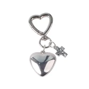 Christian Cross Keychain, Y2K Punk Pendant, Metal Heart Crucifix