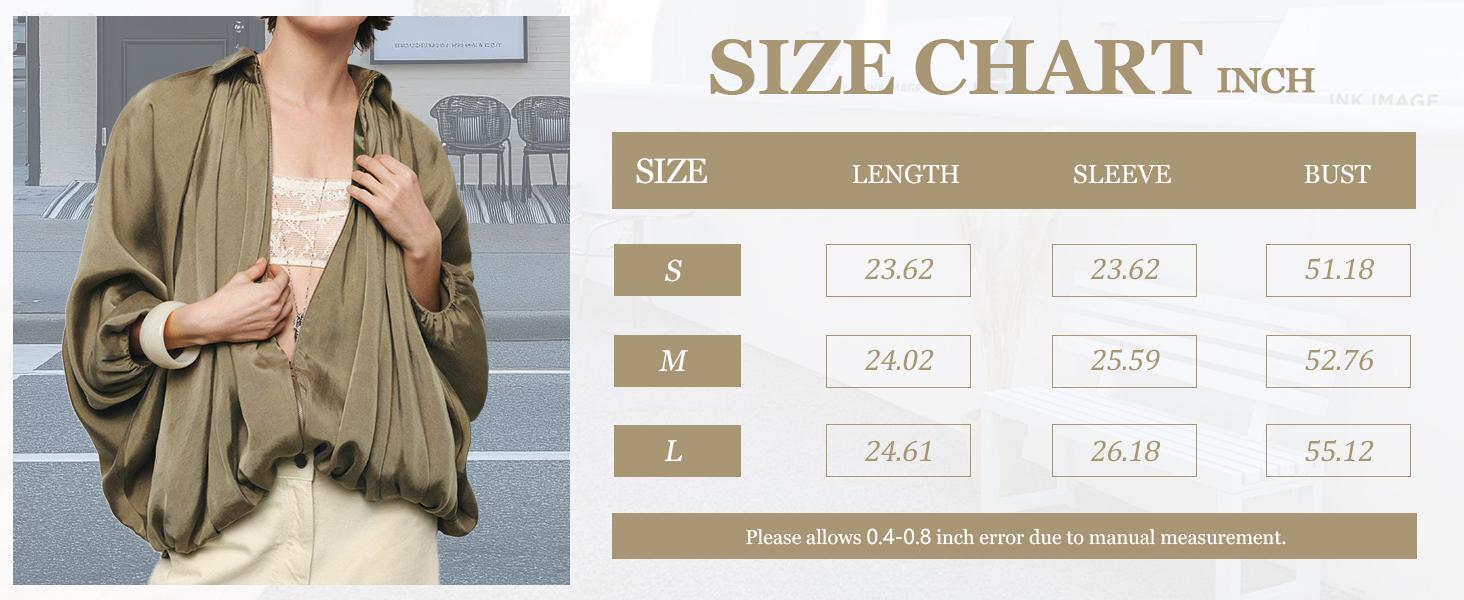 Hixiaohe Womens Puffed Bomber Jacket Casual Batwing Sleeve Lapel Collar Zip Shirts Oversized Pleated Streetwear Jackets
