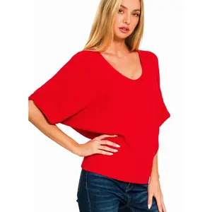 LIGHTWEIGHT V-NECK ELBOW LENGTH DOLMAN SLEEVE SWEATER | RED OR BLACK | Charlotte's Classy Closet